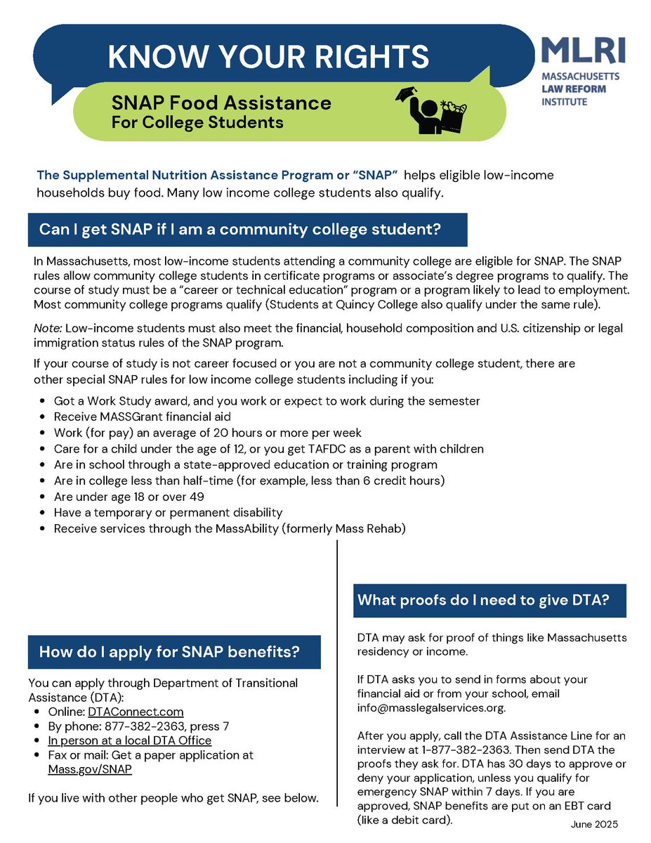 MassLegalHelp's tweet image. If you are a college student eligible for SNAP, you may get up to $292 per month for food. Students with spouses or children may be eligible for more. You can apply through the Department of Transitional Assistance (DTA).

Learn more at MassLegalHelp. masslegalhelp.org/public-benefit…
