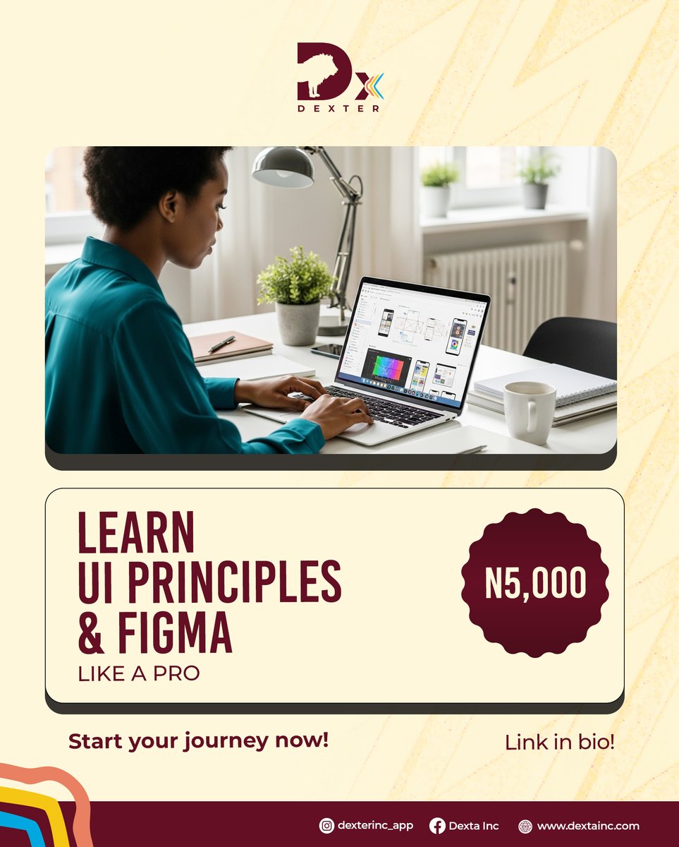 dextainc's tweet image. Become a professional UI Designer and craft sleek, modern, and user-friendly experiences that brands can’t resist.

This UI Design Professional Course is your complete step-by-step guide to mastery.

Start today for just ₦5,000.
Link in bio!

#dextasquadchallenge #techskills