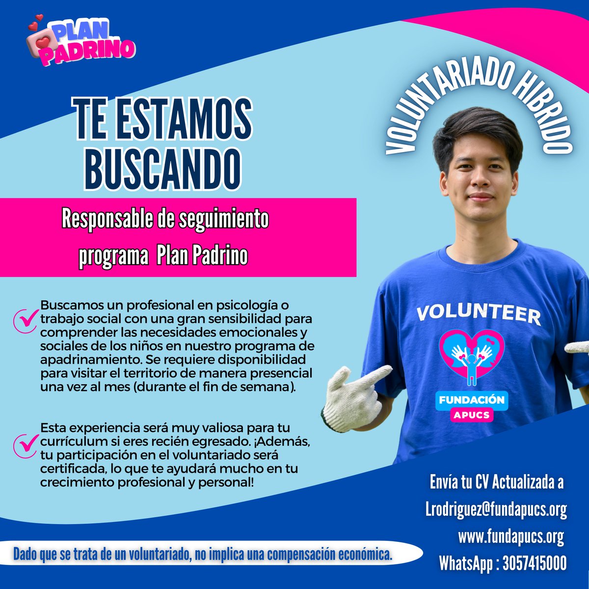 ¡Te estamos buscando! 
En la Fundación APUCS creemos que el voluntariado es una forma poderosa de transformar vidas.
👉 Solo necesitas asistir una vez al mes de manera presencial (entrega de auxilios a los niños) y el resto lo podrás hacer virtualmente, según tu disponibilidad.