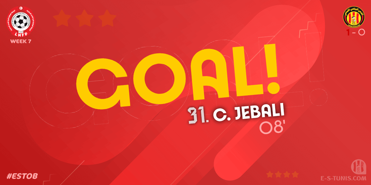 ESTuniscom's tweet photo. ⏱ 09' | #Ligue1Tn🇹🇳 Week 7 #ESTOB | @ESTuniscom 1⃣-0⃣ #OlympiqueBeja : ⚽️ C. Jebali (EST) scores! / هدف / But https://t.co/O8szLsy6x9