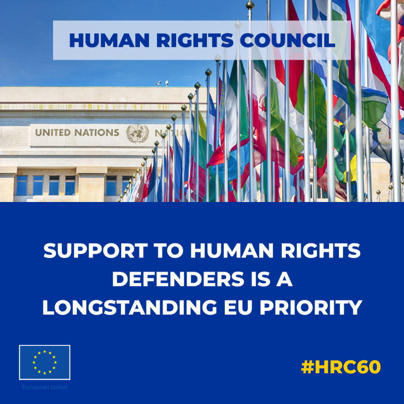 EU_UNGeneva's tweet photo. We strongly condemn any form of reprisals against HRDs &amp; civil society organizations, incl those who cooperate with the UN. States must ensure their protection, offline &amp; online. The number of reported acts of intimidation &amp; reprisal remains disturbingly high. #HRC60