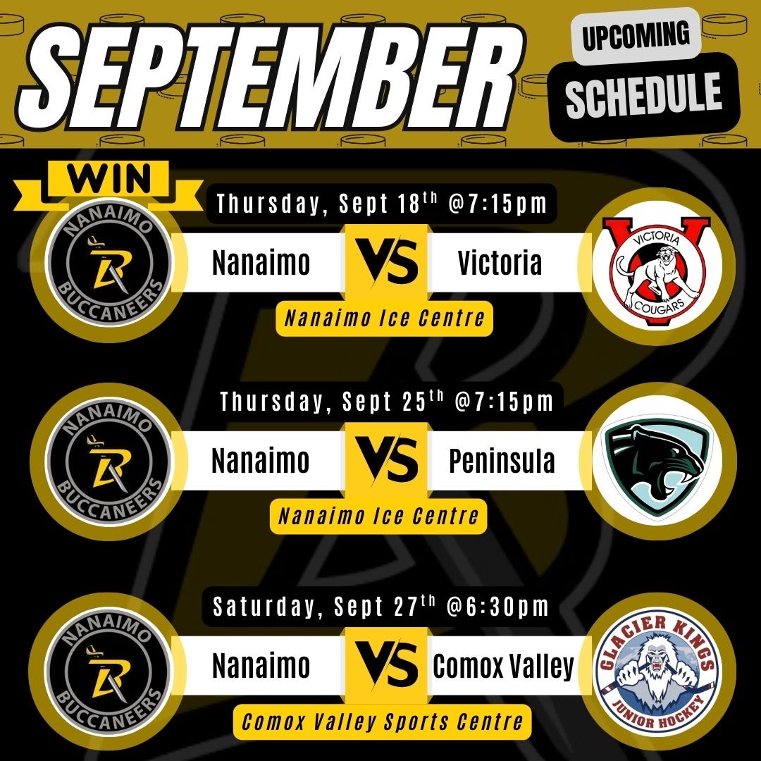 BuccaneersVIJHL's tweet photo. NANAIMO BUCCANERS
             HOME GAME
                          
Home Game Thursday, September 25: 

The Peninsula Panthers come to town. 

7:15 PM puck drop @ NCI https://t.co/wDcBR7hp4f