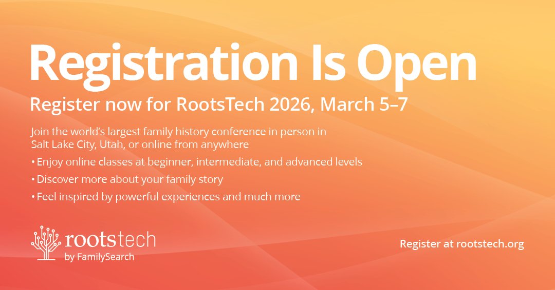 RootsTechConf's tweet image. RootsTech 2026 registration is now open! Don’t miss this chance to come together with others and learn more about your family story. Attend this global event for free online or register to be there in person in Salt Lake City, Utah. Register today for RootsTech 2026!…