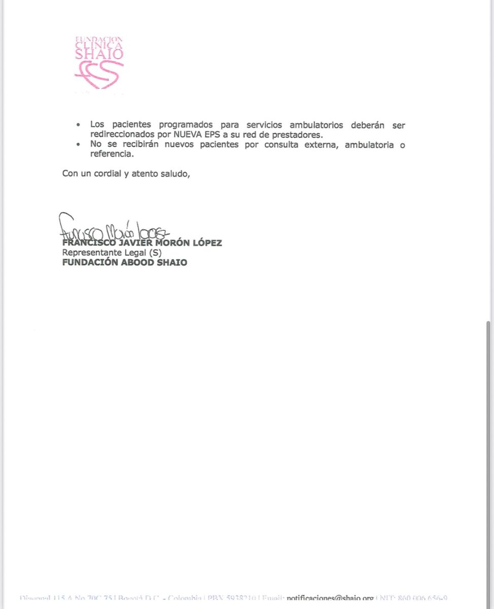 #ATENCIÓN La <a href="/ClinicaShaio/">Clínica Shaio</a> anuncia el cierre de servicios a usuarios de Nueva EPS por el incumplimiento de los pagos. La EPS adeudaba a agosto de este año más de $92.400 millones a la clínica. 

Los pacientes programados para servicios ambulatorios deberán ser redireccionados por