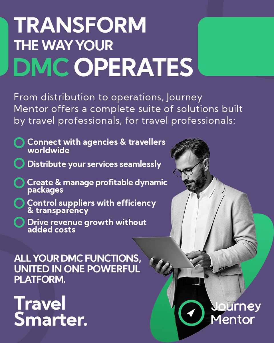 Transform the way your DMC operates 🚀
🌍 Smarter connections
⚡️ Seamless distribution
📦 Profitable packages
🔍 Transparent supplier control
📈 Growth without added costs. It’s time to #TravelSmarter with Journey Mentor. ✈️
#DMC #TravelTech #Innovation