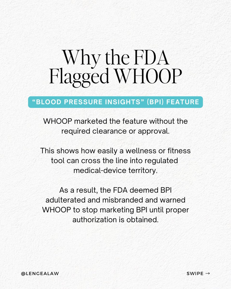 LengeaLaw's tweet image. FDA warns Whoop over its blood pressure feature — a reminder for med spas + wellness businesses: claims matter, and compliance is critical.

Read the breakdown: lengealaw.com/fda-issues-war…

#MedSpaLaw #FDAGuidance #WearableTech