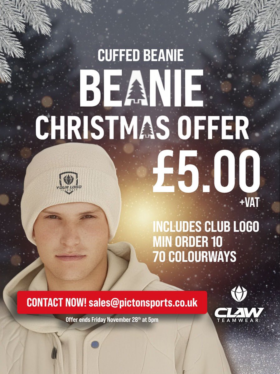 ClawTeamwear's tweet image. 🎄❄️ BEANIE CHRISTMAS OFFER ❄️🎄

Keep your team warm this winter with custom beanies – just £5.00 +VAT including your club logo! 🔥

📩 DM us now!

⏳ Offer ends Friday November 28th @ 5pm

#Claw #ChristmasOffer #CustomBeanies