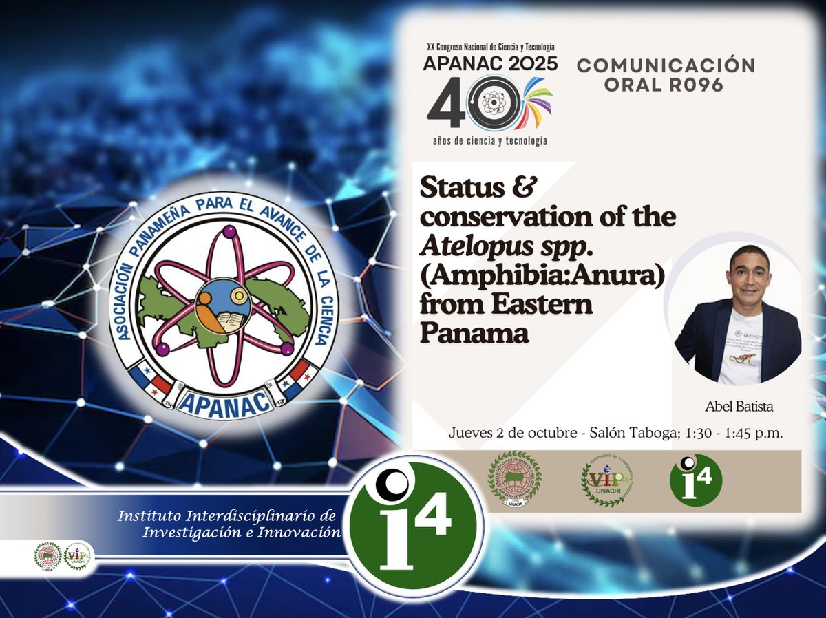La <a href="/unachi/">eun a cho</a> estará en <a href="/ApanacPanama/">Apanac Panamá</a> !
Dr. Abel Batista del i-4 Presenta: "Status &amp; conservation of the Atelopus spp. (Amphibia: Anura) from Eastern Panama" Jueves 2 de octubre <a href="/CienciaPTY/">Ciencia En Panamá   #CienciaEnPanamá</a> <a href="/pacyt_unachi/">PACYT UNACHI</a> <a href="/MiAmbientePma/">Ministerio de Ambiente de Panamá</a> <a href="/senacyt/">Senacyt Panamá</a> <a href="/SNI_Panama/">Sistema Nacional de Investigación de Panamá</a> <a href="/CiudaddelSaber/">Ciudad del Saber</a> <a href="/ICADESUNACHI/">ICADES_UNACHI</a>