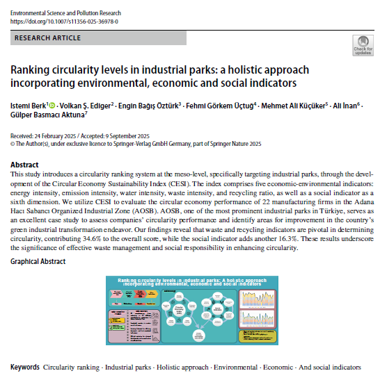 Döngüsel Ekonomi Sürdürülebilirlik İndeksi (CESI) geliştirdiğimiz makalemiz Environmental Science and Pollution Research'te yayımlandı.