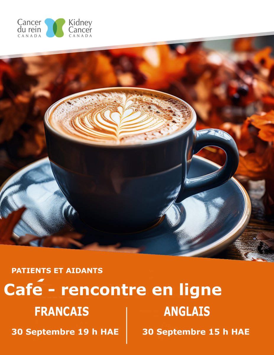 Cancer du rein CA (@cancerdurein) on Twitter photo C'est le moment idéal pour vous installer confortablement, prendre votre boisson d'automne préférée et rejoindre notre communauté chaleureuse et accueillante de personnes touchées par le cancer du rein pour le Coffee Talk de ce mois-ci. Septembre 30th 7pm cancerdurein.ca C'est le moment idéal pour vous installer confortablement, prendre votre boisson d'automne préférée et rejoindre notre communauté chaleureuse et accueillante de personnes touchées par le cancer du rein pour le Coffee Talk de ce mois-ci. Septembre 30th 7pm cancerdurein.ca
