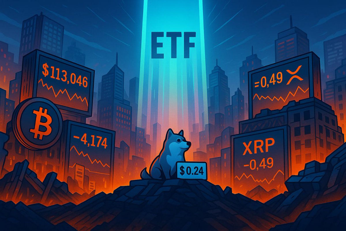 pp_one_official's tweet photo. 🚨 Crypto Market Falls Below $4T, but ETF Wave Looms: Dogecoin Holds the Line 🚀

The crypto market keeps spiraling: total cap has slipped to around $3.9 trillion 📉. Bitcoin trades near $113,046 (-1.3% on the day), Ethereum hovers at $4,169 (-0.9%), while XRP sits near $0.49 (-7.5%) 🔻. Analysts warn the downtrend may still have room to run.

Meanwhile, U.S. regulators have cut ETF approval timelines from ~270 to ~75 days 📑, clearing the way for a flood of new products 🏛. Giants like BlackRock and Fidelity are already preparing to expand their offerings.

Amid the turmoil, Dogecoin 🐶 is holding firm at $0.24 support — a rare flash of resilience in the storm ⚡️.

Despite sharp corrections, institutions seem to be laying the groundwork for the next chapter — and ETFs may prove to be the spark for a renewed rally 🌅.

#Bitcoin #Ethereum #XRP #Dogecoin #ETF #Crypto #BTC #ETH #DOGE