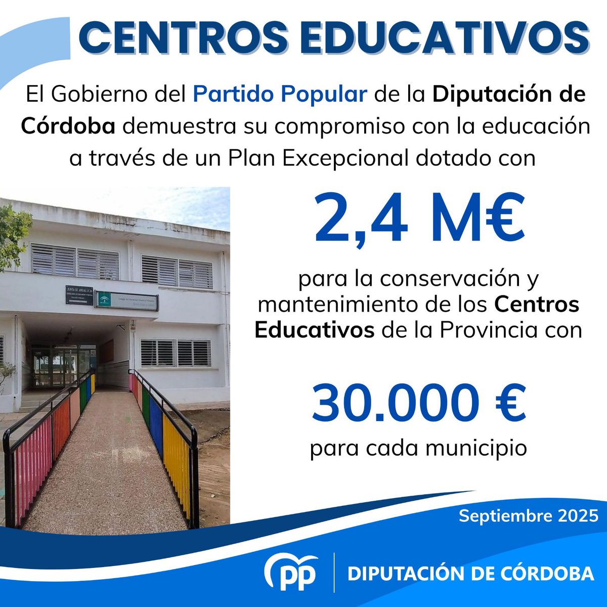 🏫2,4 M€ para la conservación y mantenimiento de los colegios

📚 Cada ayuntamiento recibirá 30.000 € para mejorar y reparar sus centros educativos

🔵 Una vez más, el equipo de gobierno del Partido Popular está al lado de las necesidades reales de la provincia de Córdoba.