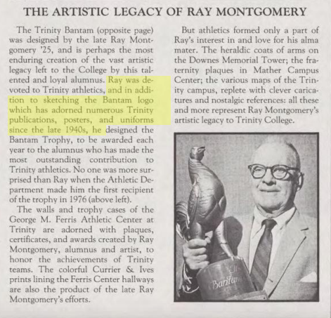 MattGlasz's tweet photo. @sportslogosnet The rare instance of a D1 school poaching the logo of a D3 school.

I'm calling "fowl" as that bird is a @TrinityCollege  Bantam not a @UDelaware Blue Hen. Ray Montgomery a Class of 1925 @TrinAlum created the logo in the 1940s and it's still used by @BantamSports today!🐓 https://t.co/BnVCKW4lZ1