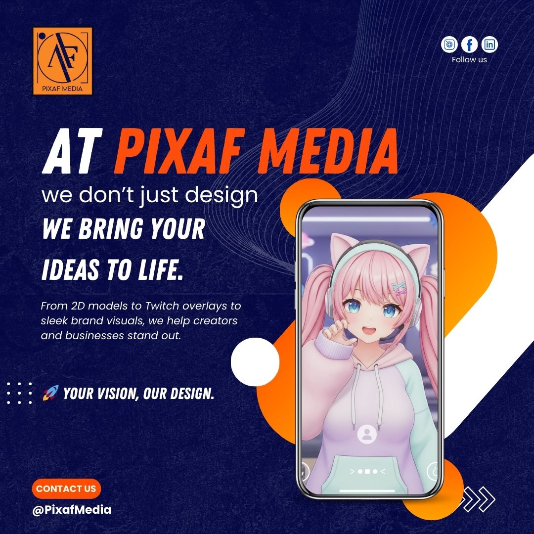 zam_pixaf's tweet photo. Ready to bring your vision to life? 
✨ From 2D models to sleek Twitch overlays,
Pixaf Media turns ideas into reality. 
Let us handle the design, you bring the vision. 

#PixafMedia #GraphicDesign #2DVTuber #DigitalArt https://t.co/B9z3HfgJvz