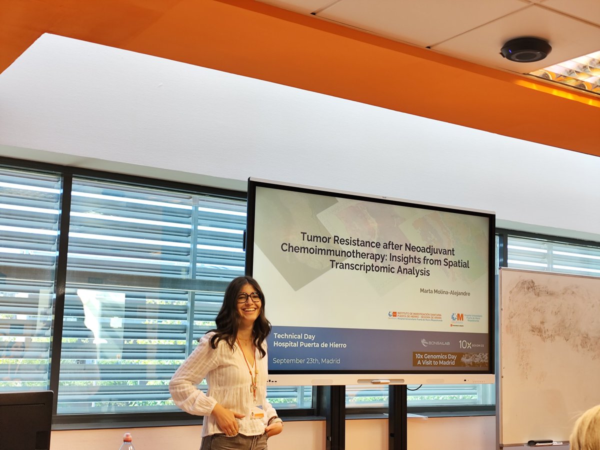 Las predocs <a href="/mmolinalejandre/">Marta Molina Alejandre</a> (<a href="/ContraCancerMAD/">Asociación Española Contra el Cáncer en Madrid</a>) y <a href="/angelesgilg/">angelesgil</a> (<a href="/SaludISCIII/">Instituto de Salud Carlos III (ISCIII)</a>) de nuestro grupo presentando resultados en el <a href="/10xGenomics/">10x Genomics</a> <a href="/BonsaiLab_com/">BonsaiLab</a> Tech Day en el Hospital Puerta de Hierro. Ultimas tecnologías omicas aplicadas a grandes ensayos del <a href="/gecp_org/">Grupo Español de Cáncer de Pulmón</a> <a href="/MARIANOPROVENCI/">M.Provencio</a>