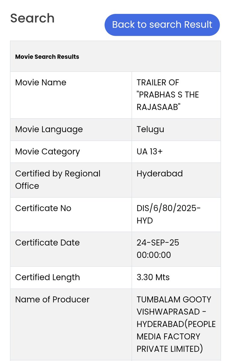 #TheRajaSaab Trailer censor done 🔥🔥
Length: 3 min 30 sec
#Prabhas‌