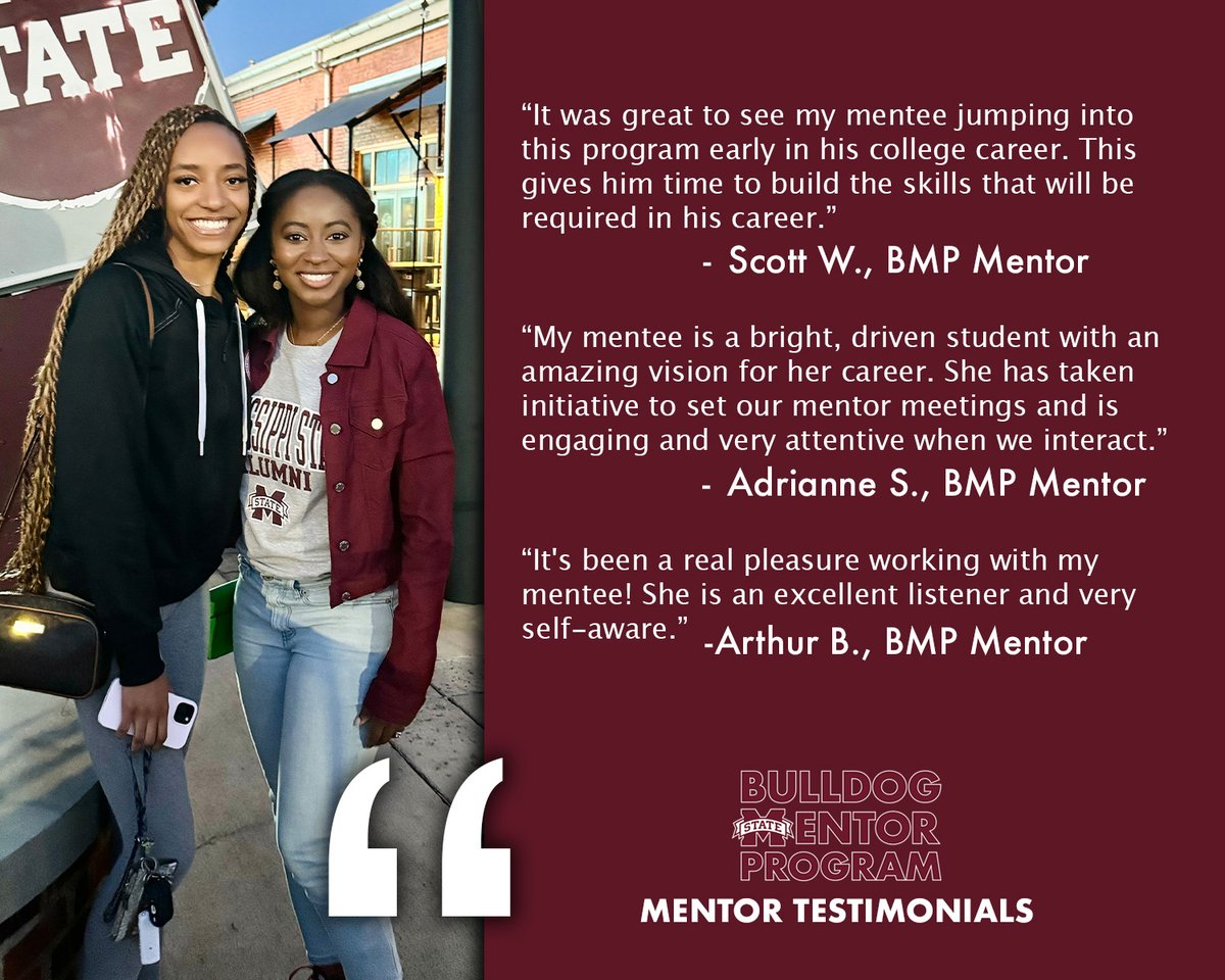 Time is running out for MSU alums to register for the 2025-26 Bulldog Mentor Program! 🤝

Check out a few mentor testimonials and click below to register now ahead of the 9/30 deadline.

🔗 bulldognetwork.msstate.edu/hub/mississipp…