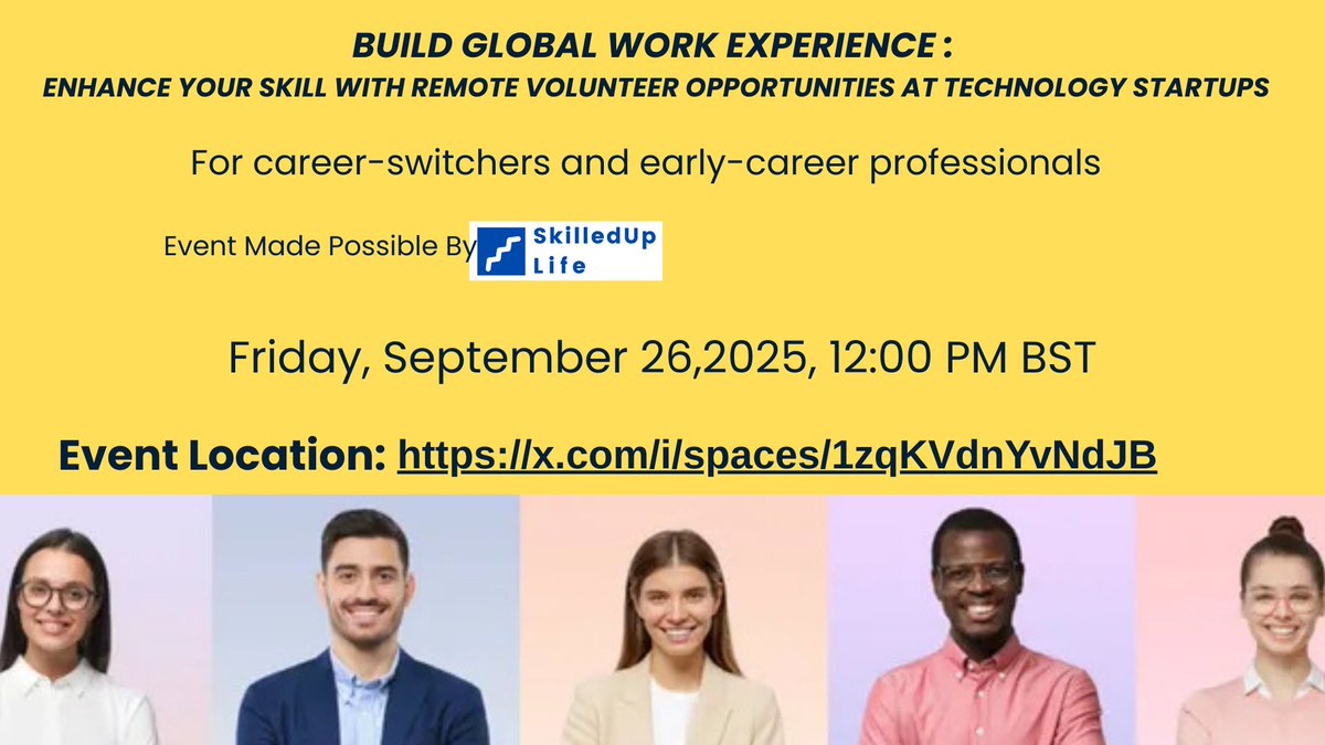Aspiring professionals: gain skills, global experience &amp; access to real opportunities.
Join our live session: Build Global Work Experience with Tech Startups
📅 Sept 26 | 12 PM BST
🎙 x.com/i/spaces/1zqKV…