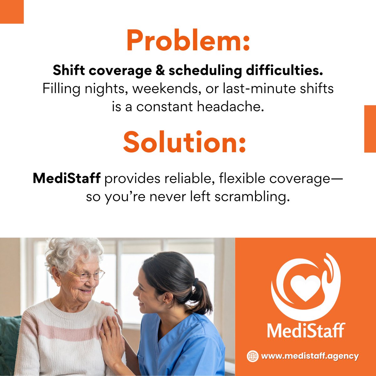 MediStaffAgency's tweet image. Short-staffed on nights, weekends, or last-minute call-outs? 😫

🧡 MediStaff delivers reliable shift coverage so care never skips a beat.

👉 What’s the toughest shift for your team to fill?
#MediStaff #ShiftCoverage #SchedulingSolutions #HealthcareStaffing #NurseStaffing