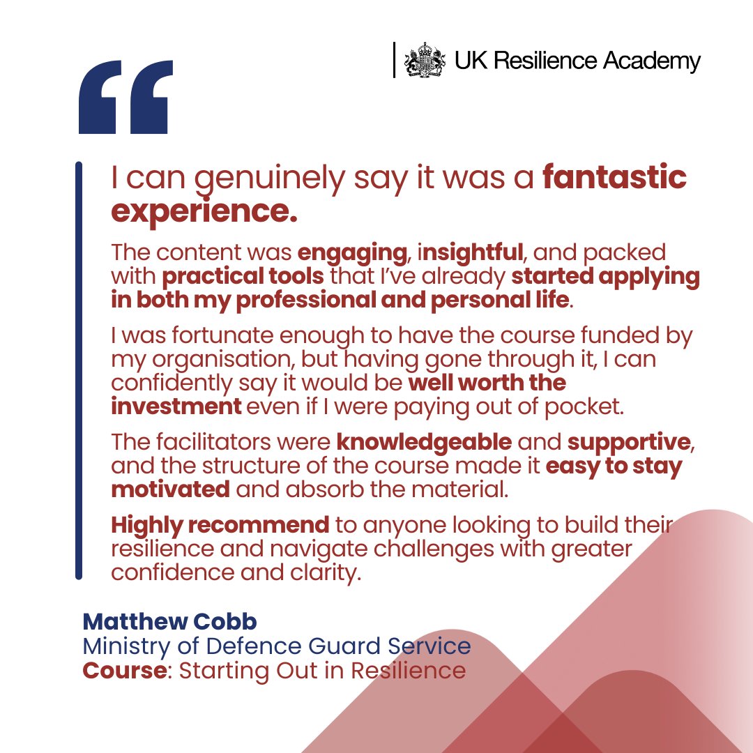 📣 Course Feedback! 📣
We are always working towards continual improvement, receiving fantastic feedback like this demonstrates that processes are working.

Find out how you can carry out a course with us: ukresilienceacademy.org/courses/

#Resilience #EmergencyPlanning #CivilProtection