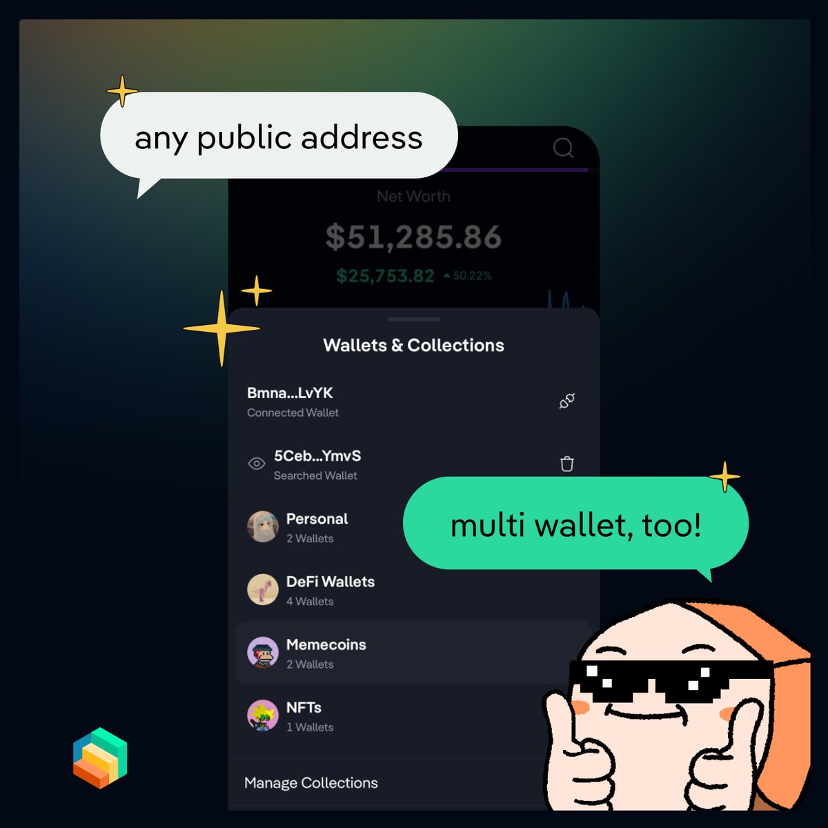 Step Finance app showing multi-wallet collections with categories like Memecoins and NFTs