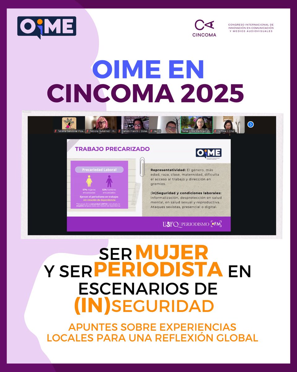OIME (@oimeecuador) on Twitter photo 📢El OIME participa en <a href="/CCincoma/">Congreso CINCOMA</a> con la plenaria 🌍 Ser mujer y ser periodista en escenarios de (in)seguridad.
🙏 Gracias a todos quienes se han sumado.
Panelistas:
🇪🇨<a href="/taniaorbe/">Tania Orbe</a> @periodismousfq
🇨🇱<a href="/fabitagutierrez/">@fabitagutierrez 🐘#Bestia</a>
🇲🇽<a href="/darwinfranco/">Darwin Franco Migues</a> <a href="/ZonaDocs/">ZonaDocs</a>
Modera 🇪🇨 <a href="/pamelajcruz/">Pamela Johana Cruz</a> 📢El OIME participa en <a href="/CCincoma/">Congreso CINCOMA</a> con la plenaria 🌍 Ser mujer y ser periodista en escenarios de (in)seguridad.
🙏 Gracias a todos quienes se han sumado.
Panelistas:
🇪🇨<a href="/taniaorbe/">Tania Orbe</a> @periodismousfq
🇨🇱<a href="/fabitagutierrez/">@fabitagutierrez 🐘#Bestia</a>
🇲🇽<a href="/darwinfranco/">Darwin Franco Migues</a> <a href="/ZonaDocs/">ZonaDocs</a>
Modera 🇪🇨 <a href="/pamelajcruz/">Pamela Johana Cruz</a>