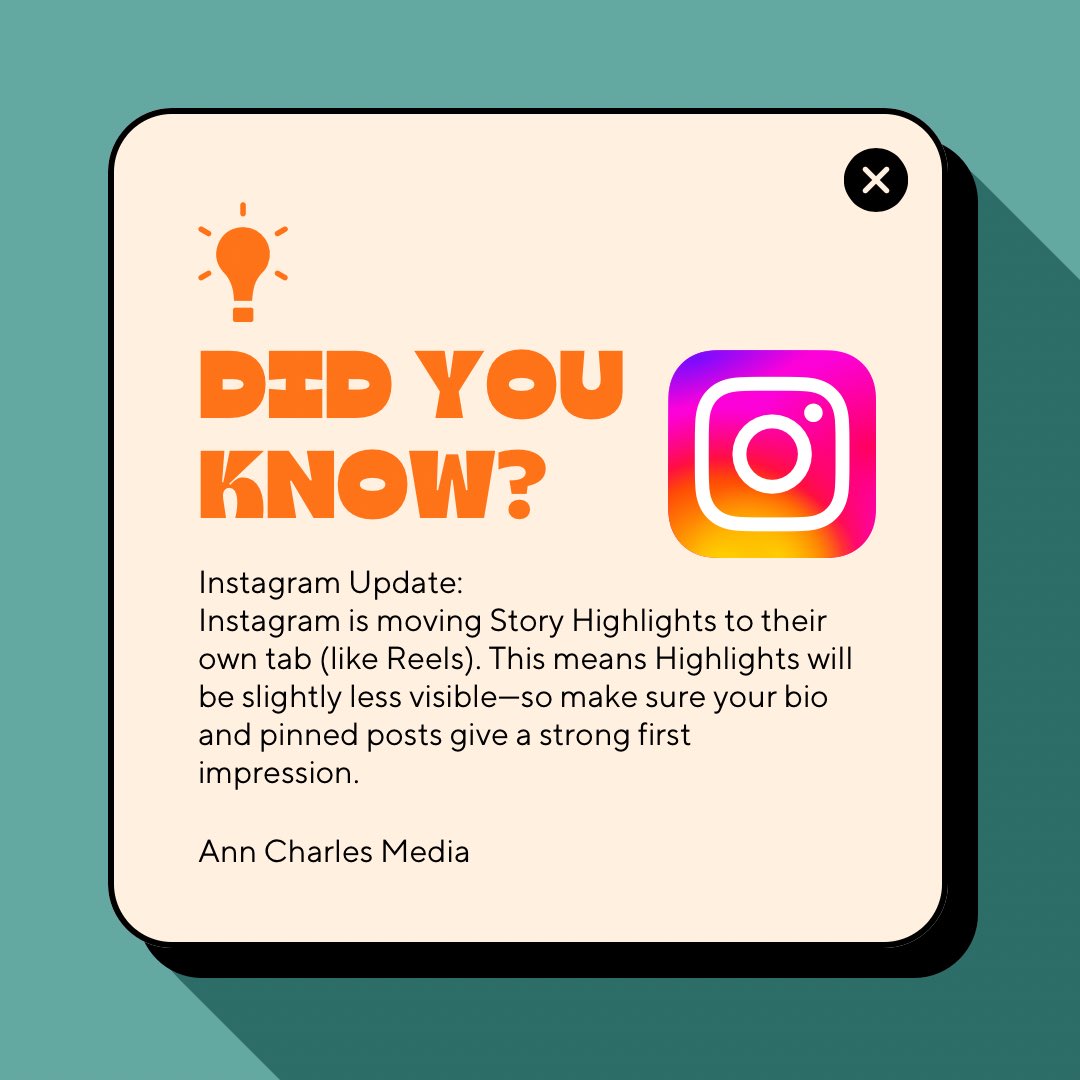 AnnCharlesMedia's tweet image. 📌 IG is moving Story Highlights to their own tab (like Reels).
That makes your bio + pinned post your new front door.
Use them to show who you are, what makes you different, and why people should follow you.
#SocialMedia #IGUpdate #BrandTips