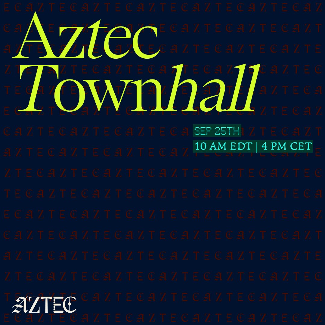 Another town hall meeting will be happening on the <a href="/aztecnetwork/">Aztec</a> community discord tomorrow

This week’s session will feature <a href="/TACEO_IO/">TACEO</a> with special guests <a href="/Koenmtb1/">Koen</a> and <a href="/DavidSteinrueck/">David Steinrueck</a>, including <a href="/realRoberto38/">Roberto</a>.

Venue: Aztec Discord
Time: 4PM CET
Date: 25/09/2025

The last