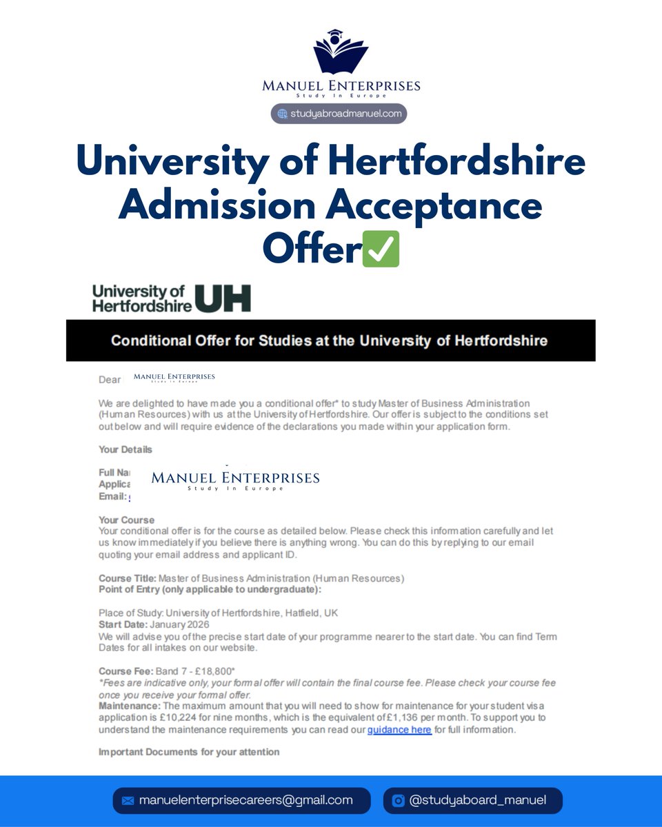 Crystal sizzle (@crystalclearbab) on Twitter photo Conditional Offer for Studies at the University of Hertfordshire🇬🇧🥳
▶️Master of Business Administration (Human Resources)
▶️Place of Study: University of Hertfordshire, Hatfield, UK
▶️Start Date: January 2026
▶️Course Fee: £18,800
If you have 2.2 and you want to study in the Conditional Offer for Studies at the University of Hertfordshire🇬🇧🥳
▶️Master of Business Administration (Human Resources)
▶️Place of Study: University of Hertfordshire, Hatfield, UK
▶️Start Date: January 2026
▶️Course Fee: £18,800
If you have 2.2 and you want to study in the