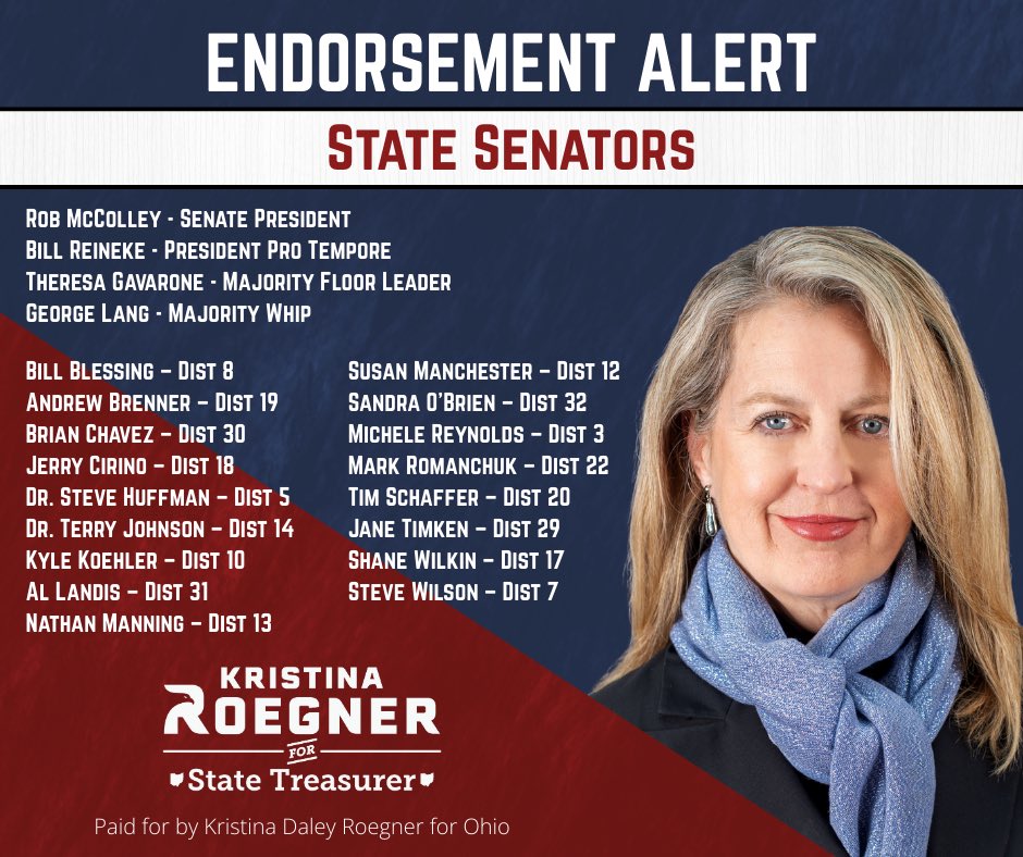 ENDORSEMENT ALERT. Honored to receive the endorsement of a supermajority of my Senate colleagues!  All great leaders
 <a href="/Rob_McColley/">Senator Rob McColley</a>
  <a href="/BillReineke/">Senator Bill Reineke</a>  <a href="/theresagavarone/">Ohio Senator Theresa Gavarone</a> <a href="/LangForOhio/">State Senator George Lang</a>
  <a href="/lwblessing3/">Louis Blessing</a>  <a href="/brennerforohio/">Andrew Brenner</a> <a href="/SenBrianChavez/">State Senator Brian Chavez</a>  <a href="/SenatorCirino/">State Senator Jerry C. Cirino</a>  <a href="/SteveHuffmanOH/">Senator Stephen A. Huffman</a>  <a href="/DrTerryAJohnson/">Terry A Johnson</a>