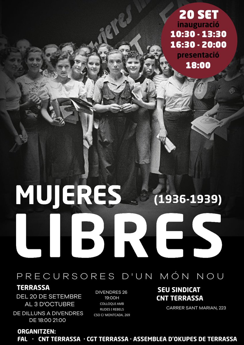 No us perdeu l'exposició de #MujeresLibres editada per <a href="/FAnselmoLorenzo/">FAL</a> i que podeu visitar-la al local de <a href="/TerrassaCNT/">CNT Terrassa</a>, que organitza l'exposició, amb el suport de <a href="/sadtrs_cgt/">CGT TERRASSA Activitats Diverses</a> i assemblea d'okupes de #Terrassa.
I divendres col·loqui amb <a href="/RudesRebels/">Rudes Rebels</a> a les 19h al nou CSO.