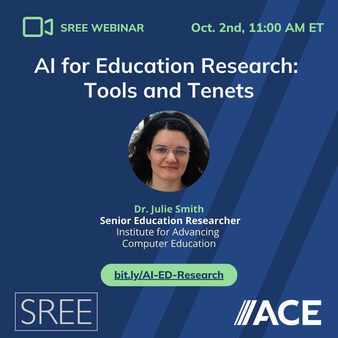 CSEdResearch's tweet image. 🚀 Curious about AI in education research?
Join @SREE_org for AI for Education Research: Tools &amp;amp; Tenets with Dr. Julie M. Smith on Oct. 2nd, 11am ET.

Hands-on exploration + guiding principles for responsible AI use.

📅 Don’t miss it!
🔗 Register: bit.ly/AI-ED-Research