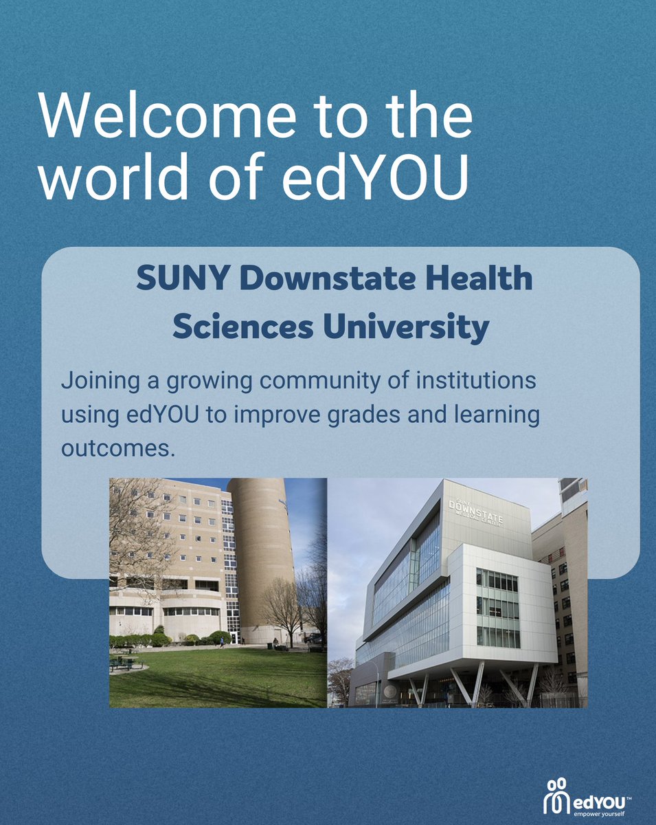 edYOU_Tech's tweet image. Brooklyn’s in the house! 
Thrilled to welcome SUNY Downstate Health Sciences University to edYOU. Residents now have edYOU’s AI Infinite Test Prep in their pocket: smarter practice, nonstop support, and the edge to master the toughest exams.