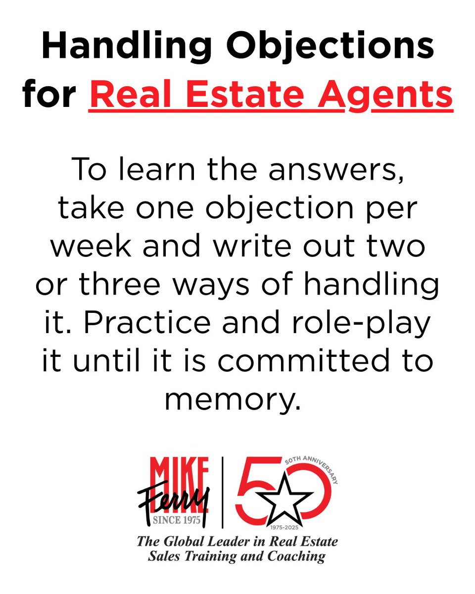 MikeFerryOrg's tweet image. Real Estate Agents! 🚨
One objection per week. Two or three responses. Practice until automatic.
👉 Are you building mastery one objection at a time?

#RealEstateAgents #RealEstateTraining #ObjectionHandling #MikeFerry #TopProducer