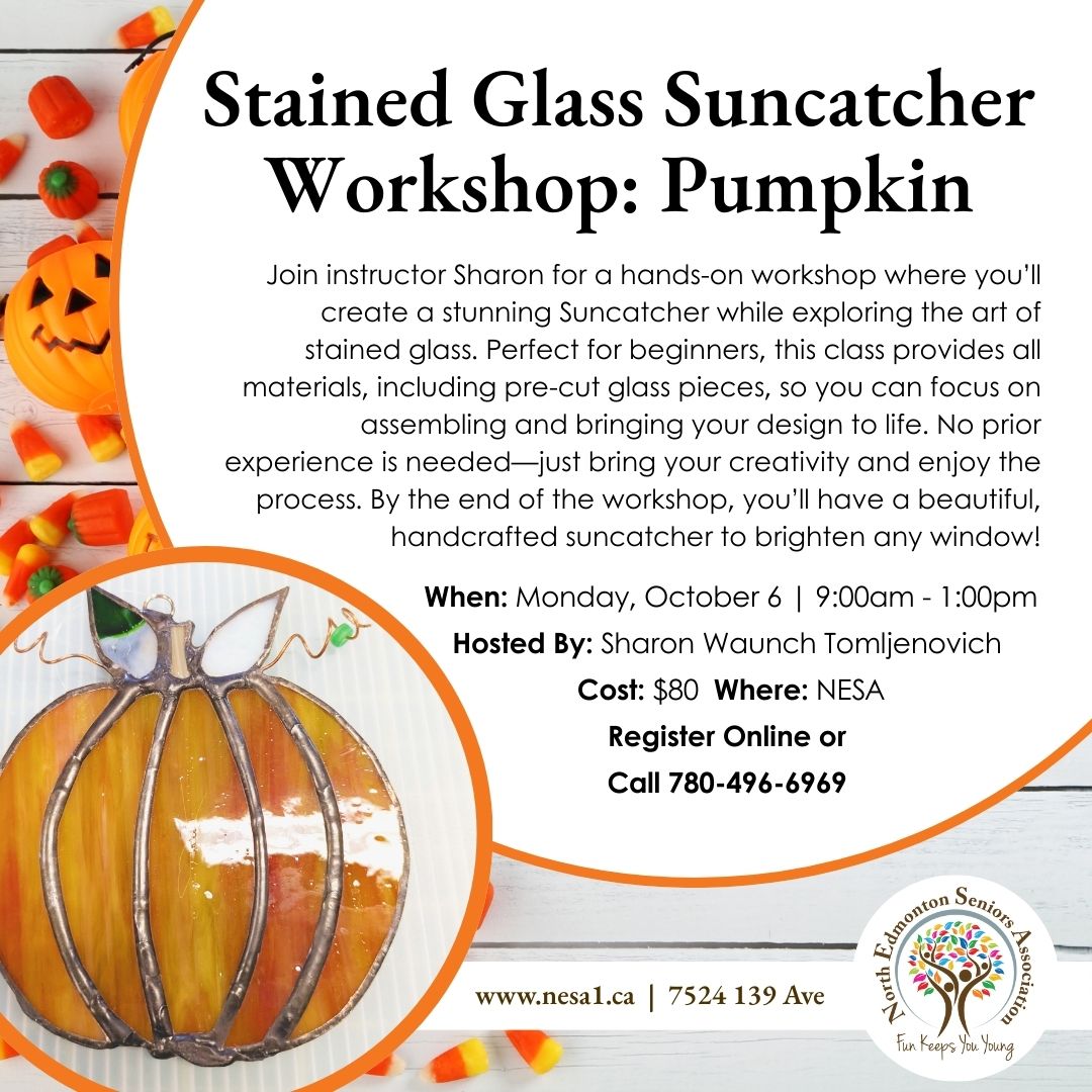 NESAyeg's tweet image. 🎃 Create your own pumpkin suncatcher! This beginner-friendly stained glass workshop includes all materials, just bring your creativity.

👉 Register online ow.ly/yKjz50X0v0I or call us at 780-496-6969

#NESAyeg #StainedGlass #FallWorkshop #SeniorsPrograms