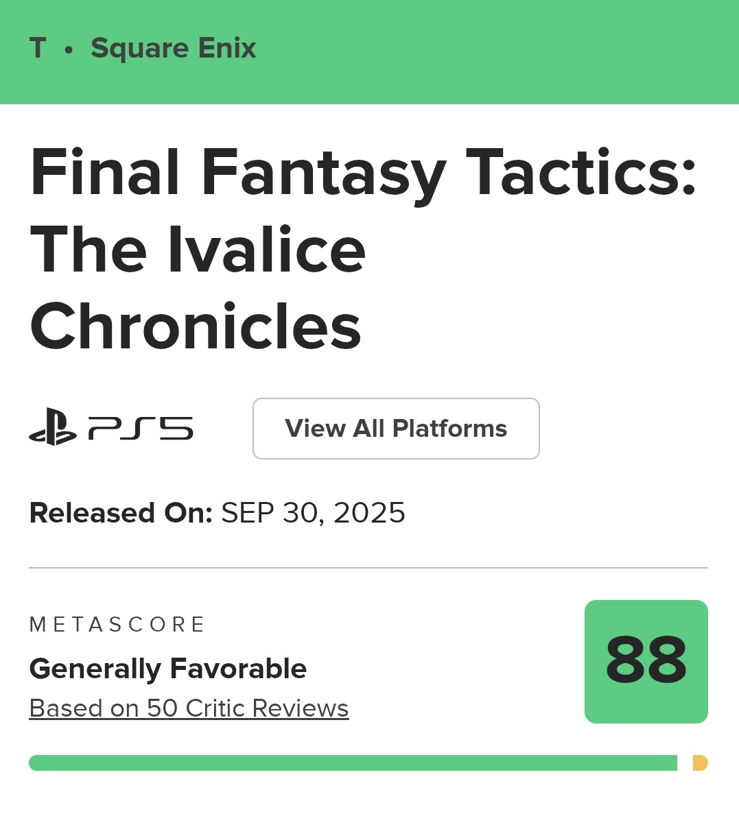 حصلت لعبة Final Fantasy Tactics The Ivalice Chronicles على متوسط تقييم 88 من 50 مراجعة على موقع metacritic
