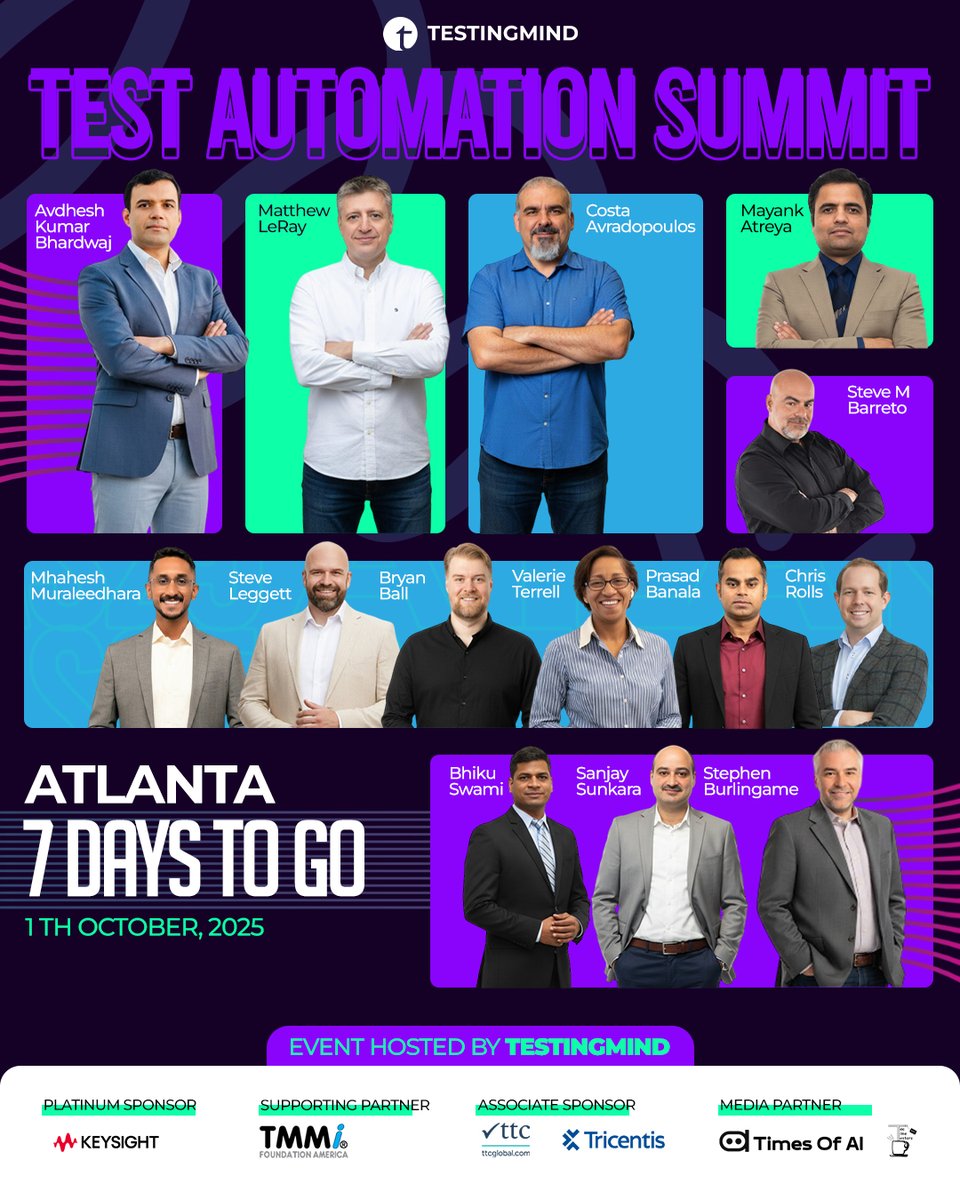 testingmindcon's tweet image. ⚡ Just 7 Days to Go!
Atlanta is set to become the hub of AI, QA & Test Automation Innovation on Oct 1, 2025 at the Test Automation Summit 🚀
🎤 10+ Talks | Inspiring Keynotes | High-Impact Panel | Elite Networking
📍 Don’t miss it — secure your spot now 👉…