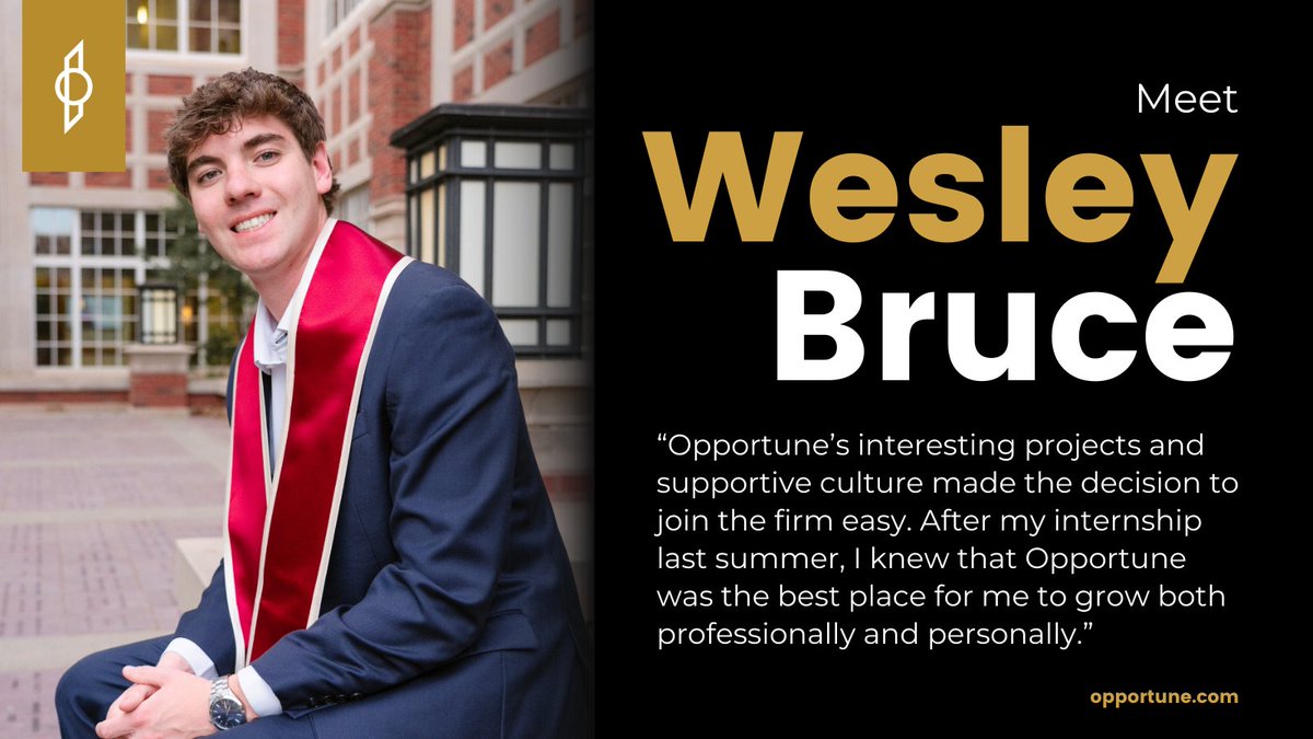 Opportune LLP (@opportunellp) on Twitter photo We’re excited to welcome Wesley Bruce back to Opportune as a Consultant in our Process & Technology practice! Wesley recently graduated from the <a href="/UofOklahoma/">University of Oklahoma</a> with a BBA in Supply Chain Management and Management Information Systems. After interning with our team last summer, he’s We’re excited to welcome Wesley Bruce back to Opportune as a Consultant in our Process & Technology practice! Wesley recently graduated from the <a href="/UofOklahoma/">University of Oklahoma</a> with a BBA in Supply Chain Management and Management Information Systems. After interning with our team last summer, he’s