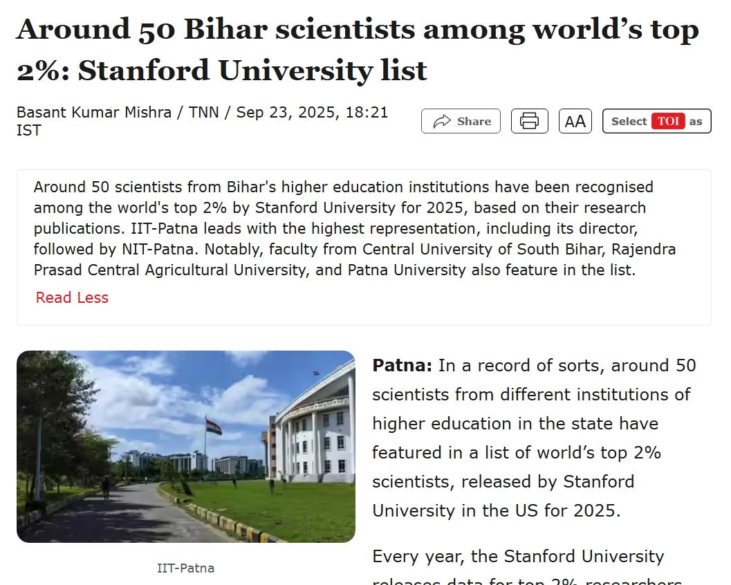 reach_ashutosh's tweet image. As a student of Science, I feel truly proud that around 50 scientists from my home state, #Bihar, have found a place in Stanford’s global top 2% list.👏🫡
IIT #Patna, leading with the highest representation, shows the immense research potential of our state. This recognition…