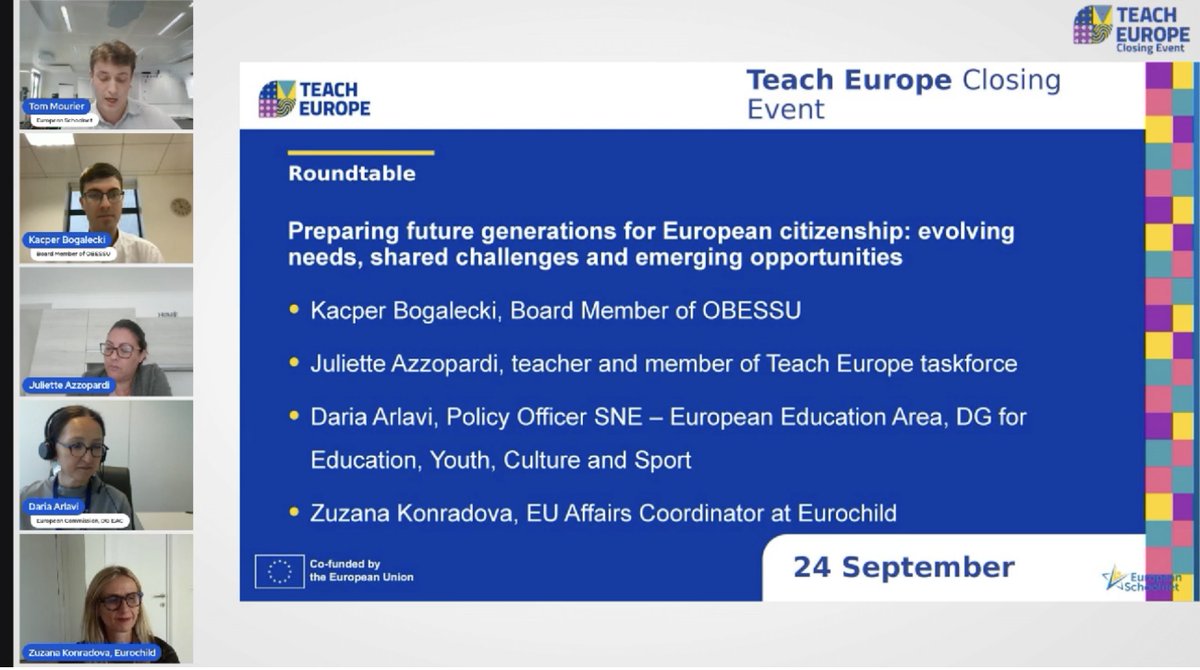 Participating online in the Teach Europe Closing Event 🇪🇺✨ (2022–2025). A project by <a href="/eu_schoolnet/">European Schoolnet</a> funded by #ErasmusPlus to empower teachers to foster European values &amp; active citizenship. Inspiring workshops, learning scenarios &amp; policy dialogue! #TeachEurope