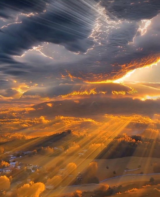 Dramatic clouds with lightning and orange sunlight illuminating rolling hills and mountains. Rays of light stream through the clouds, casting a golden glow over a forested landscape with scattered trees and a small village below.