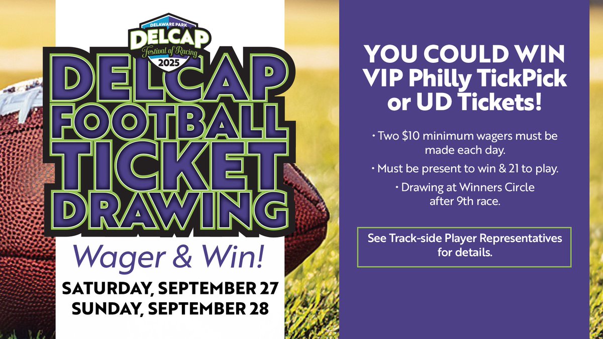 DelParkRacing's tweet photo. The Ultimate DelCap Football Ticket drawing this weekend @DelParkRacing.  Wager on a few grid iron events, bet on a few ponies and take a shot at the ultimate VIP Philly Pro Football Experience or win the best of the best UD Tickets to see D1 football in Newark, DE! https://t.co/jCRymfxLIO