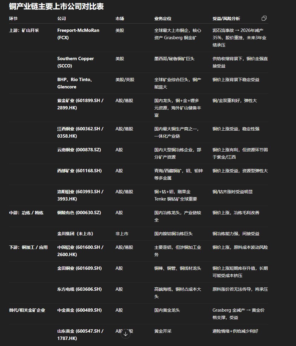 直接受损：FCX（减产、股价下跌）。 最大受益者（上游铜矿）：紫金矿业、江西铜业、洛阳钼业、西部矿业、Southern Copper、BHP。  间接受益（黄金）：紫金矿业、中金黄金、山东黄金。 需关注成本压力（下游加工/用铜企业）：铜价上涨对其长期是利空。