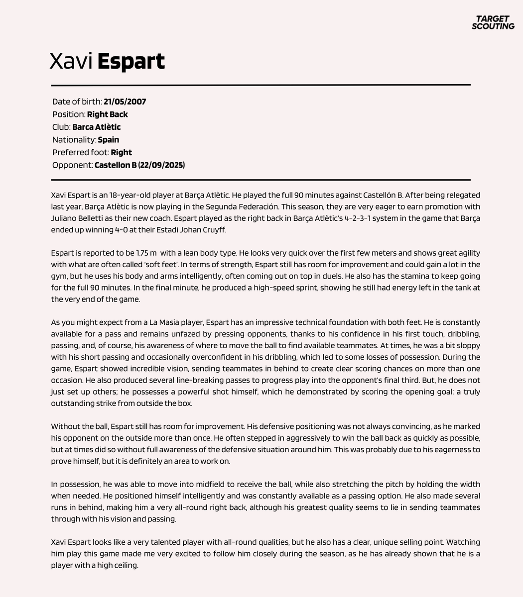 TargetScouting_'s tweet photo. For this match report, @Danroymiguel analysed Xavi Espart (RB, '07, 🇪🇸) in Barça Atlètic's 4-0 win over Castellón B. Read about the promising fullback's performance below: https://t.co/s3mAzBcDzZ