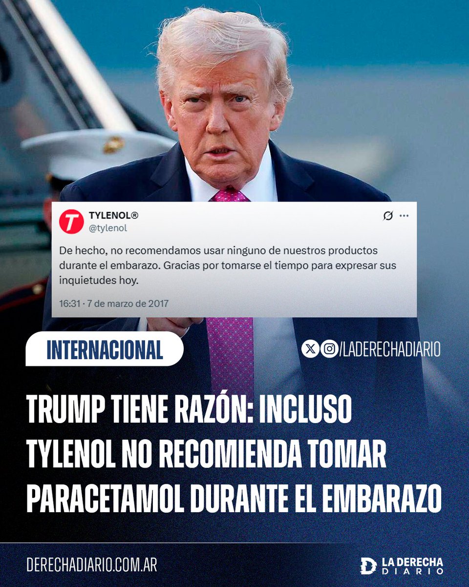 laderechadiario's tweet image. 🚨🇺🇸 | #URGENTE Trump tiene razón: Incluso Tylenol desde 2017 no recomienda tomar paracetamol durante el embarazo.