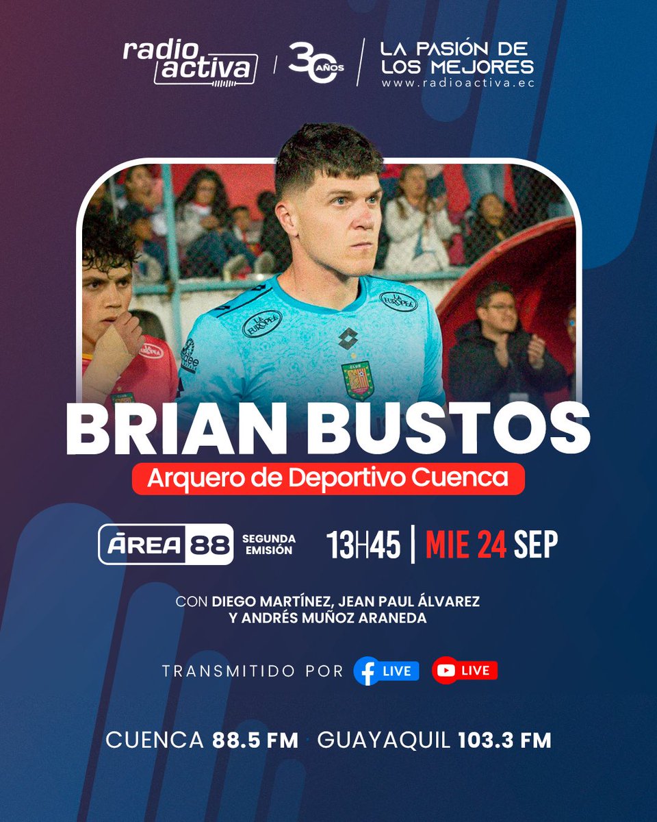 🎙️⚽️ Esta tarde en la segunda emisión de <a href="/Area88ok/">Área 88</a> conversaremos con Brian Bustos, portero de #DCuenca 🔴⚫️

👉🏻 ¡No te lo pierdas!

⏰ 13:45
📻 88.5FM CUE | 103.3FM GYE
🌍 radioactiva.ec
📲 Facebook y Youtube