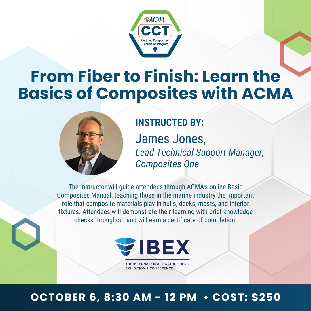 Just 13 days to go until ACMA’s From Fiber to Finish: Basics of Composites training at IBEX 2025 in Tampa!

Oct. 6, 2025 | Half-day, hands-on session | $250
👉 Register here: hubs.la/Q03Kz1SN0

#IBEX2025 #ACMA #MarineIndustry #Composites #Training #Certification