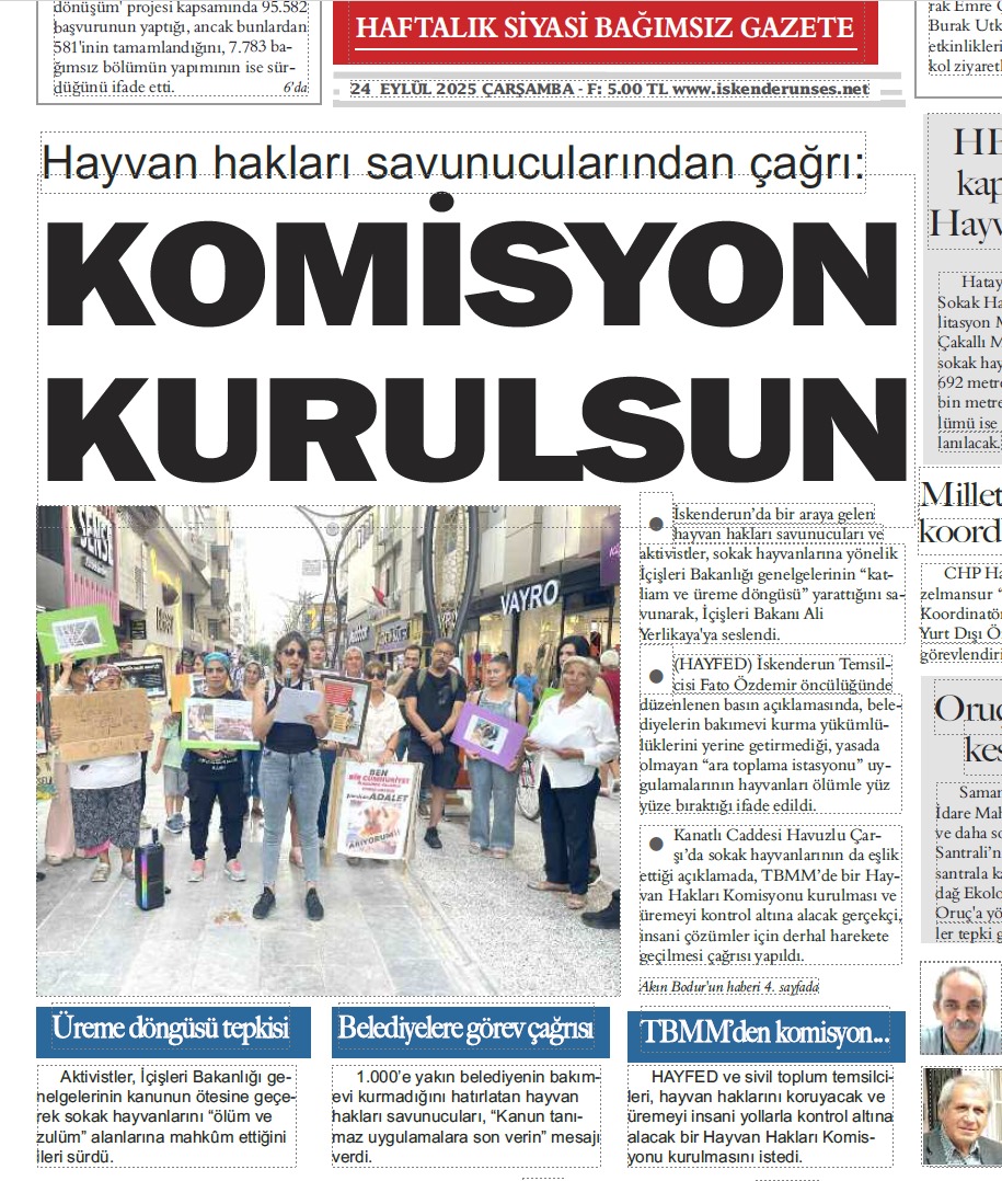 KOMİSYON
KURULSUN.... hayvan hakları savunucuları ve
aktivistler, sokak hayvanlarına yönelik
İçişleri Bakanlığı genelgelerinin “katliam
ve üreme döngüsü” yarattığını savunarak,
İçişleri Bakanı Ali
Yerlikaya'ya seslendi.

<a href="/iskenderunSes/">İskenderunSesGazete</a> 
<a href="/Hayfed_Official/">HayFed-Hayvan Haklarını Koruma Federasyonu</a> 
<a href="/Nihal_K34/">Nihal Aydın</a>