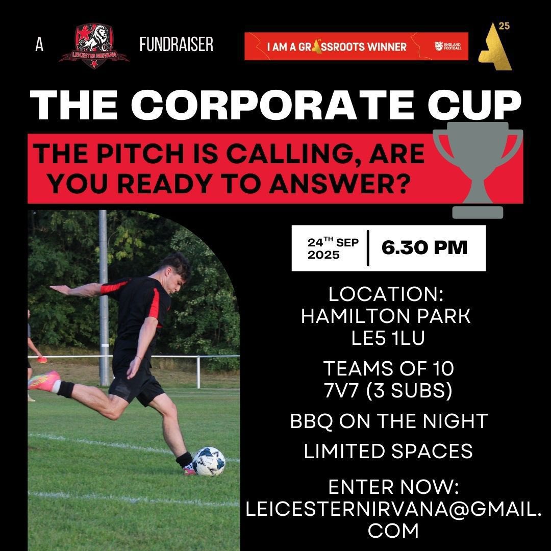 TONIGHT 👉 The Corporate Cup lands at Hamilton Park! 🏆⚽ Local businesses compete, our community wins and yes, there’s a BBQ waiting! 🍔All for the 3G fund 🙌<a href="/LeicNirvanaFc/">Leicester Nirvana Fc</a>