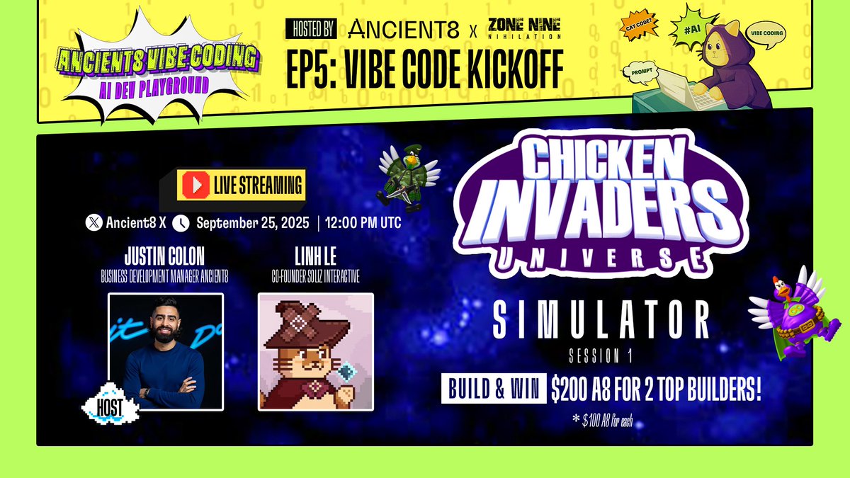 Geçmişten bir esintiye hazır mısınız? 🕹️

Chicken Invaders, kozmik tavukların reflekslerinizi, silahlarınızı ve sabrınızı sınadığı efsanevi uzay nişancı oyunudur. Şimdi, Ancient8 Vibe Coding tarzında yeniden canlandırıyoruz.

1. Oturumda bunu adım adım ele alacağız: hareket, ateş